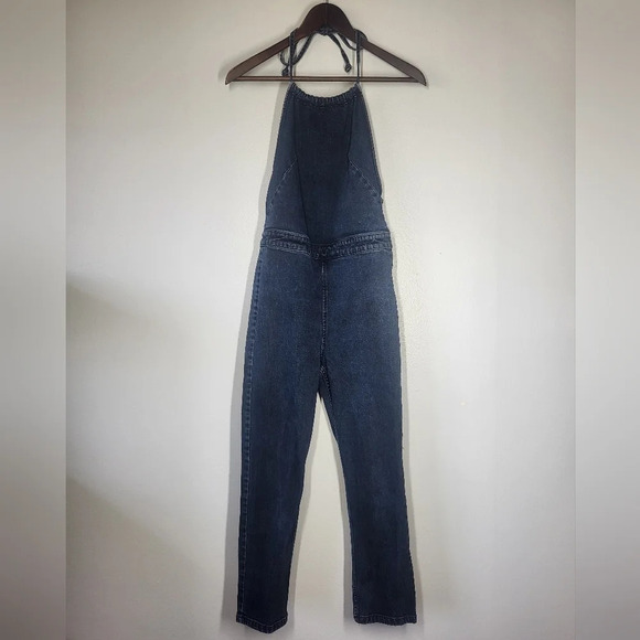 Free People Denim Halterneck Jumpsuit Jumper Overalls Bohemian Boho Jeans - Picture 2 of 16